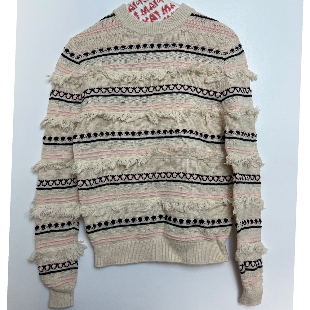 & Other Stories Paris Atelier Fringe Striped Sweater Cream XS Oversized Eclectic